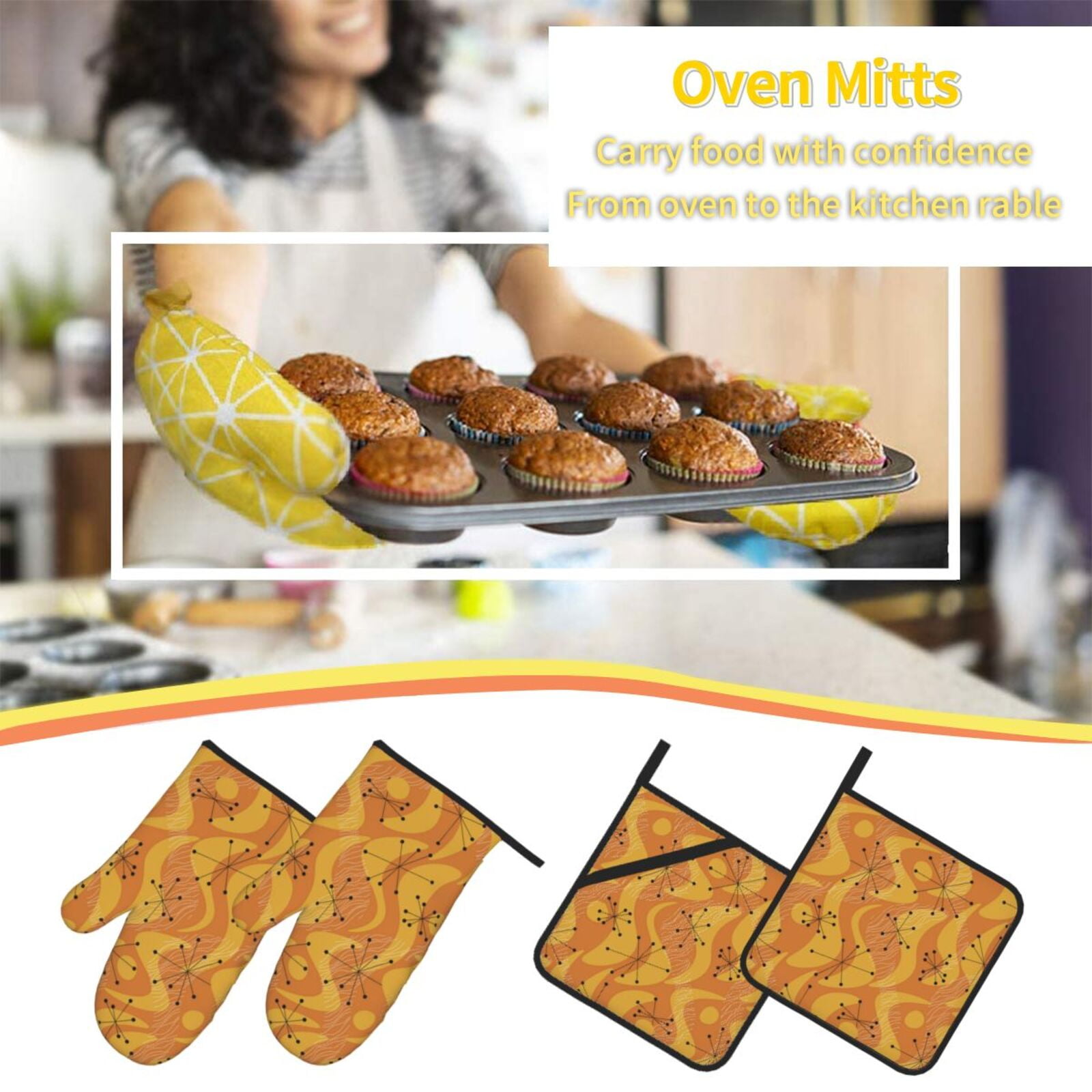 Orange Geometric Atomic Modern Midcentury 4Pcs Oven Mitts and Pot Holders Sets Oven Kitchen Gloves Hot Pads for Cooking BBQ Baking Grilling