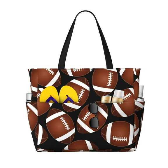 Balery Brown Football On Black Beach Travel Bag - Water-Resistant, Large Capacity Lightweight Tote with 7 Pockets for Women and Men - Perfect for Beach, Pool, Gym, and Travel