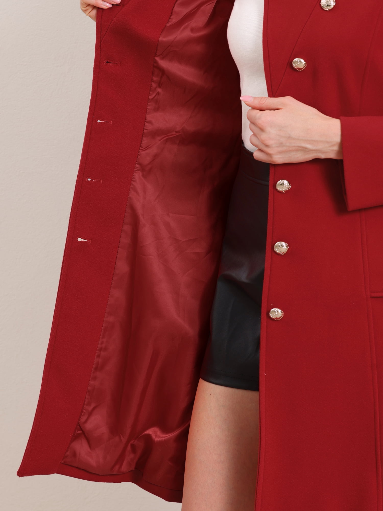 DARING DIVA Women's Stand Collar Belted Single Breasted Trench Pea Coat L Red