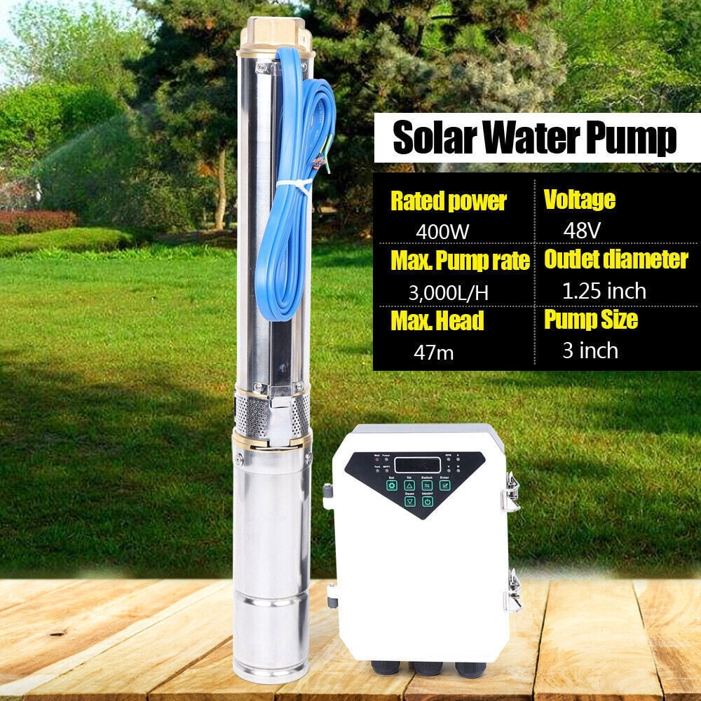 3" DC Stainless Steel Solar Water Pump Submersible Deep Bore Well Pump 48V 400W +MPPT Controller 3000L/792.5Gal/H 2.95*24.21in for Water Tanks, Reservoirs, Village or Household Water Supply