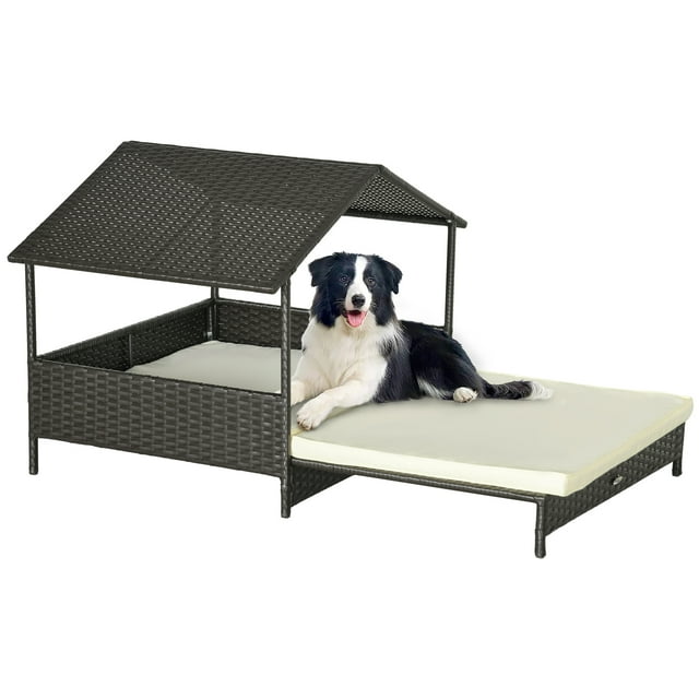PawHut Niche pour Chien en Rotin Extensible Extérieur Intérieur avec Toit, Blanc Crème