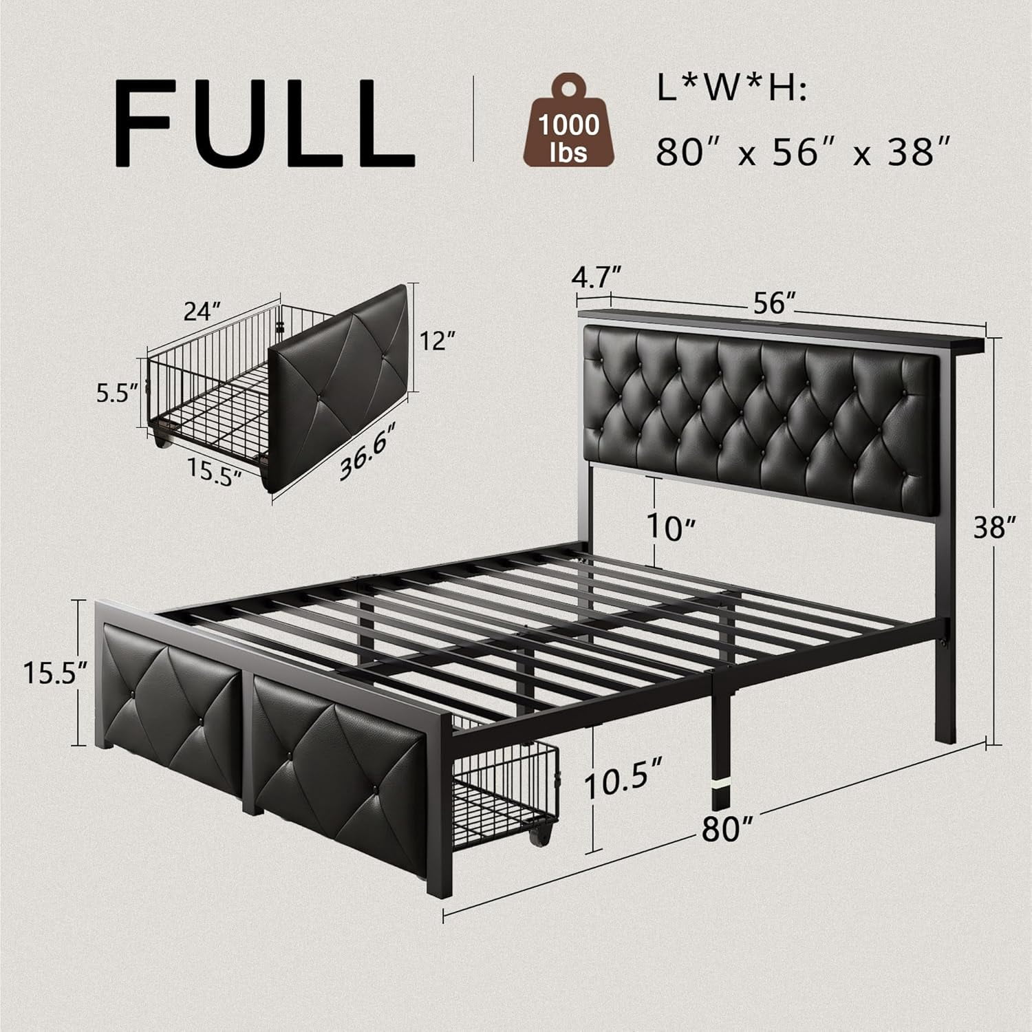 iPormis Full Bed Frame with Storage Drawer, Metal Platform Bed with Charging Station, Upholstered Faux Leather Button Tufted Storage Headboard, No Box Spring Needed, Noise-Free, Easy Assembly, Black