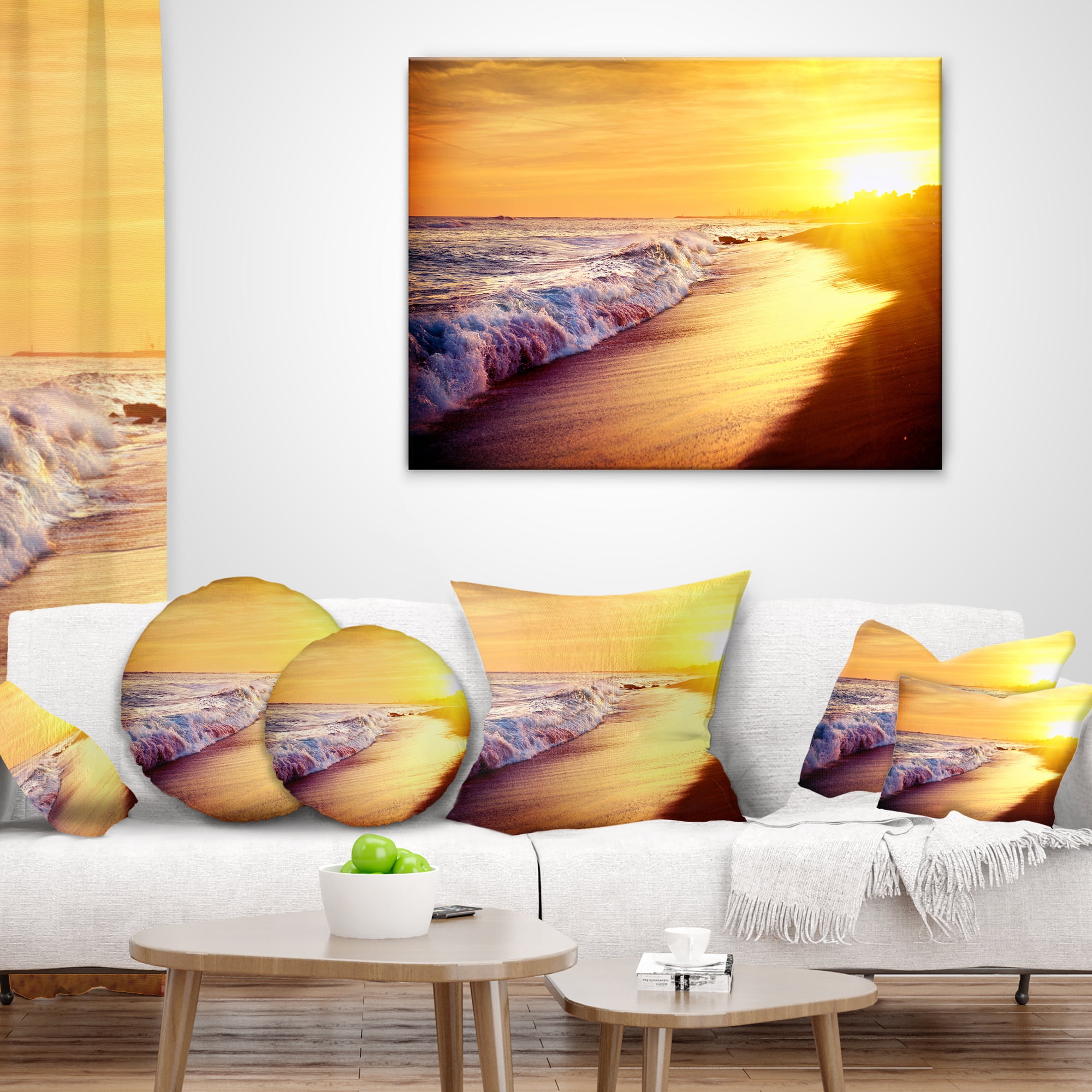Designart Bright Yellow Sky with Foam Waves - Seashore Throw Pillow - 12x20