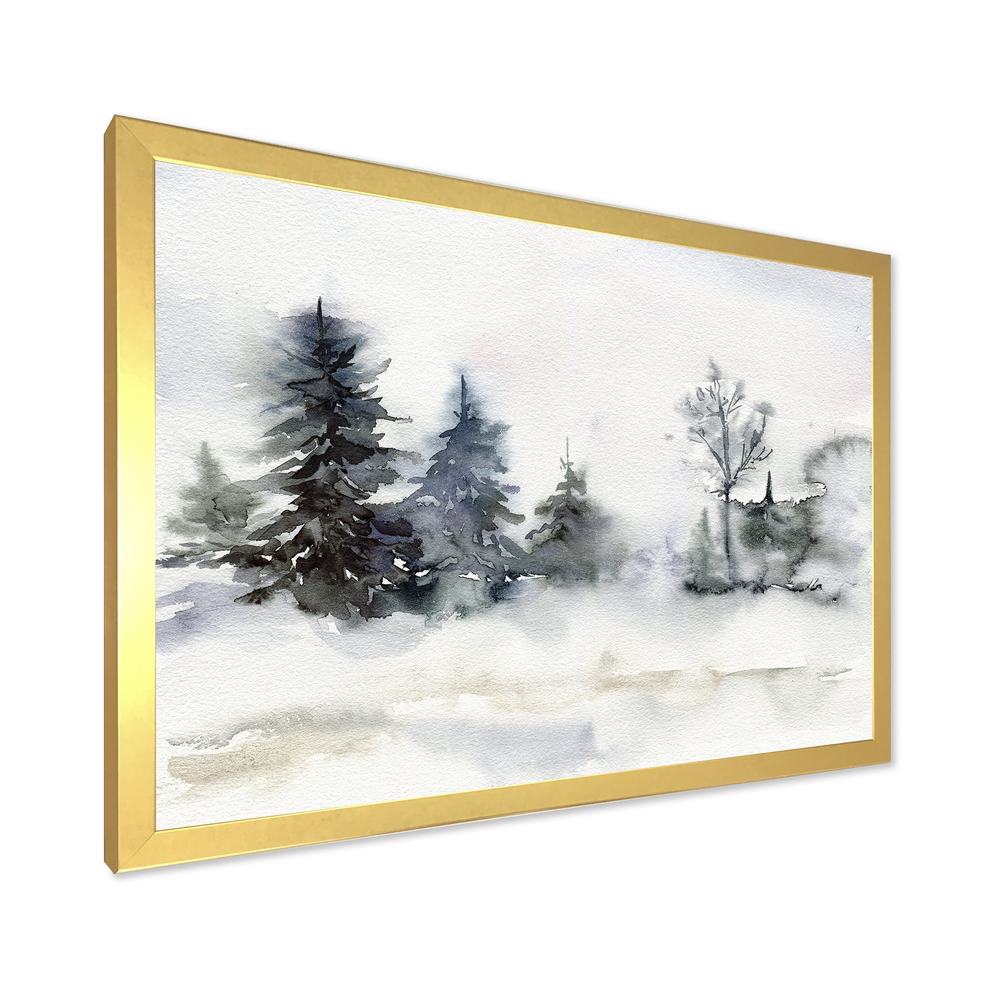 Designart 'Christmas Minimalistic Snow and Forest Landscape' Lake House Framed Art Print