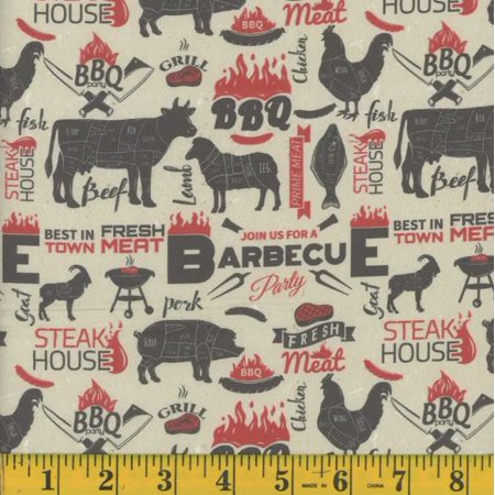 Cotton BBQ Food Cooking Grilling on Cream Cotton Fabric Print by the Yard (136636)