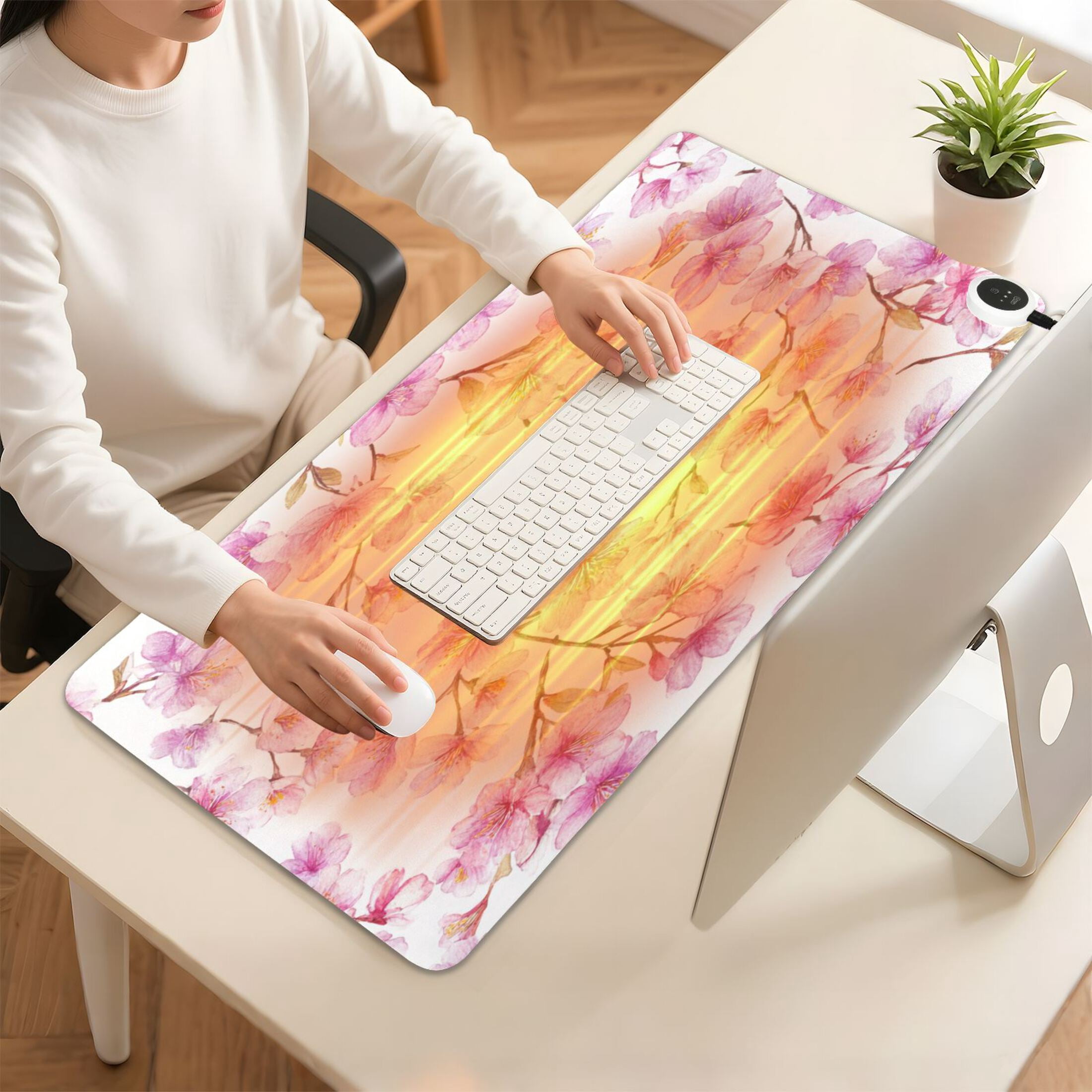 Large Heated Desk Mat Mouse Pad 31.5"x13"PU Leather Graphene Heating Desk Warmer with 3 Temperature Settings 110V US Plug Non-Slip Warm Pad for Home, Office, and Gaming Spring Cherry Blossom Glow