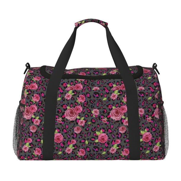 Fotbe Rose Mix Leopard 2 Bolsa de Viaje con Estampado, Bolsa de Fin de Semana para Mujer con Compartimento para Zapatos, Bolsa de Gimnasio con Bolsillo Húmedo