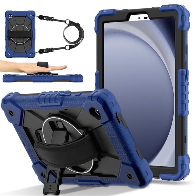 Funda Resistente a Golpes para Samsung Galaxy Tab A11, Funda Protectora de Silicona + Capa de PC Anti Caída con Asa Giratoria de 360°, Soporte, Correa para el Hombro, Azul Oscuro, para Galaxy Tab A11