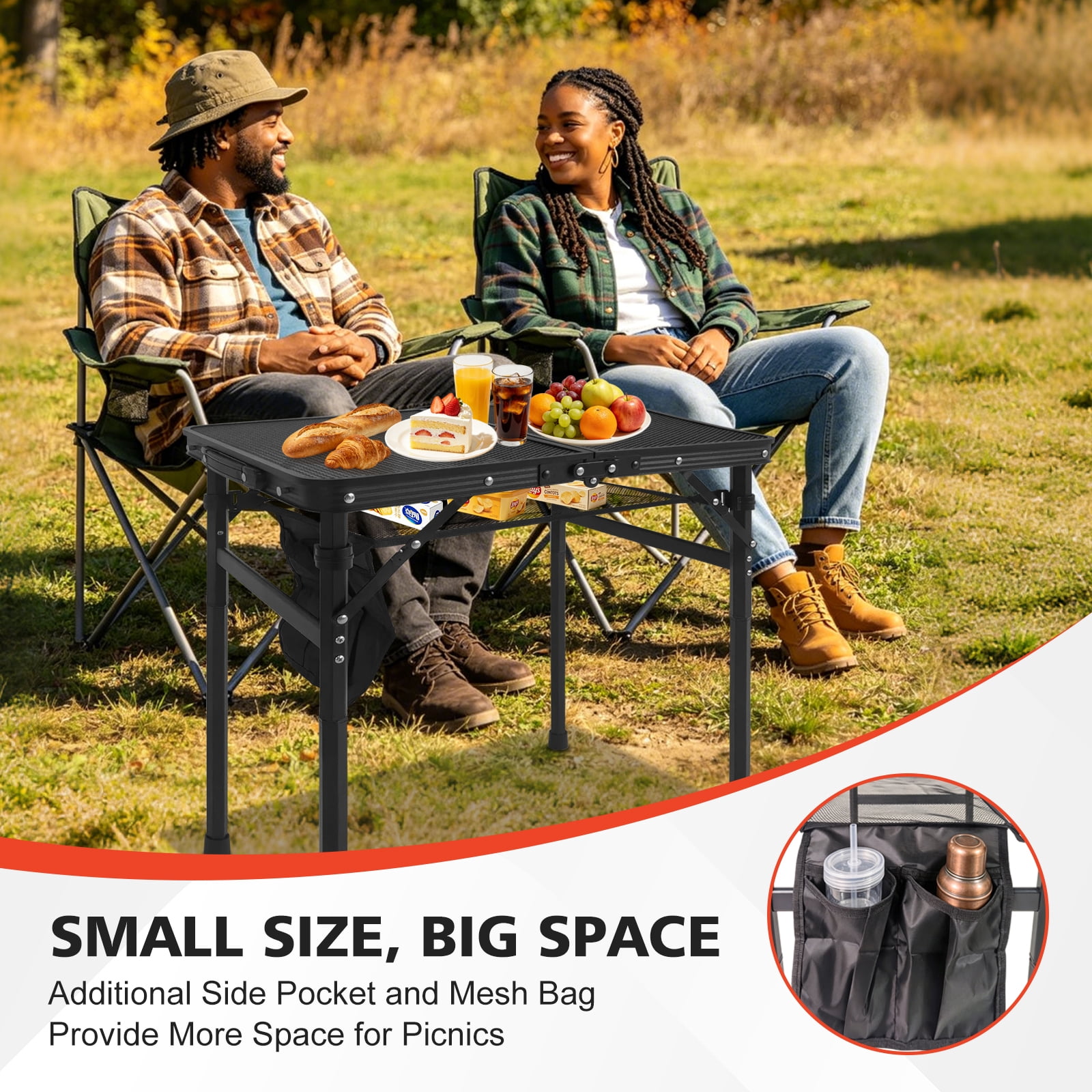 2FT Black Folding Camping Table, Aluminum Frame Mesh Desktop, Height Adjustable Portable Grill Table with Storage Mesh Bag for Camping, BBQ, Picnic & Outdoor Activities