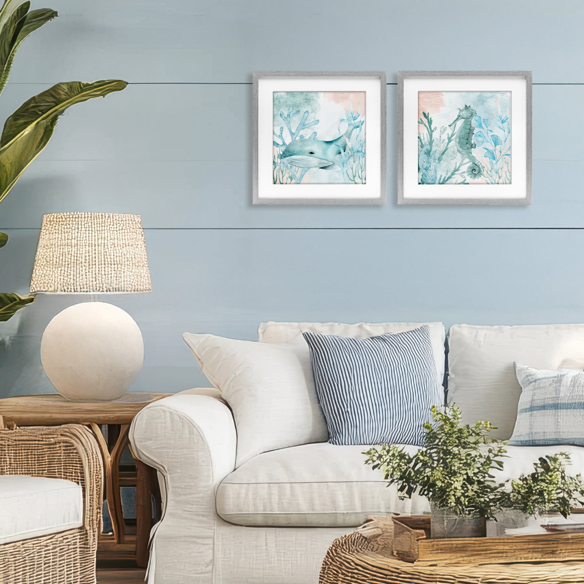 Stupell Industries Whale & Seahorse Sea Swim 2 Piece Gray Framed Print Under Glass Set, design by Kim Allen