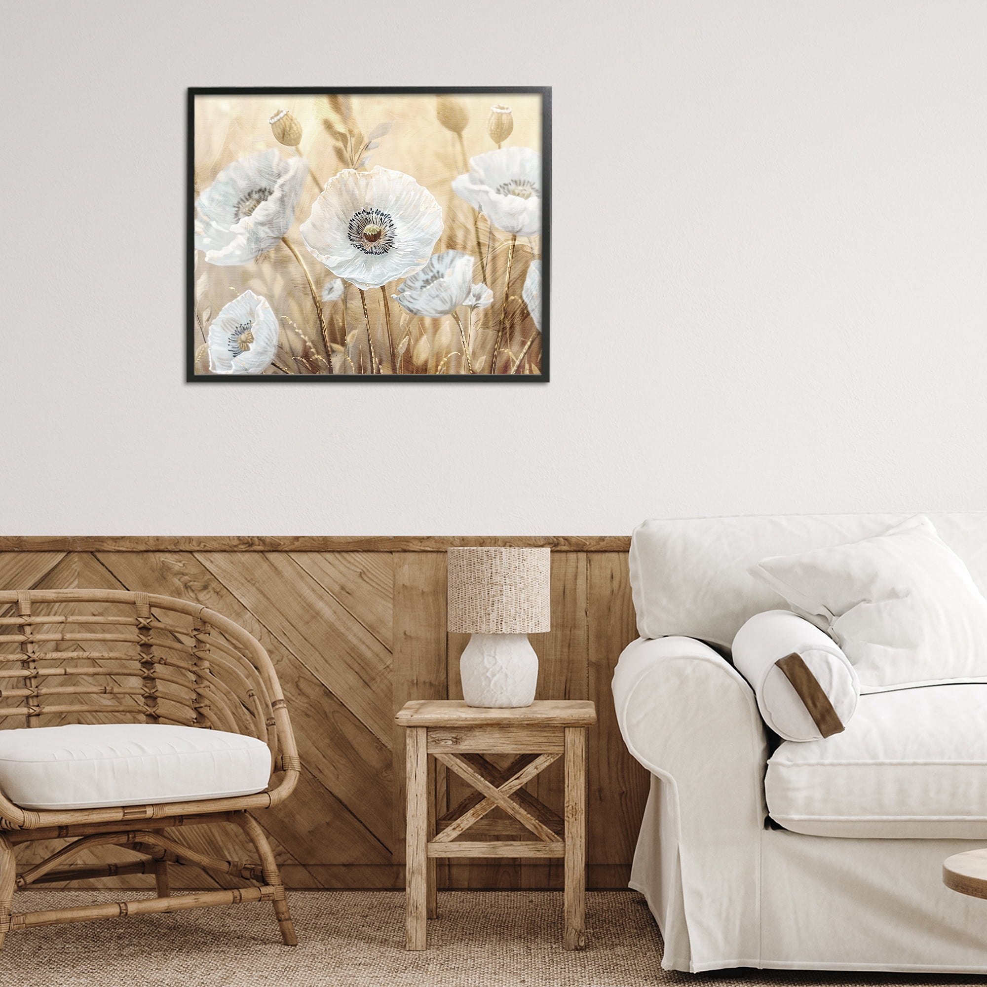 Stupell Industries White Poppies Beige Field Black Framed Giclee Art, design by Kim Allen