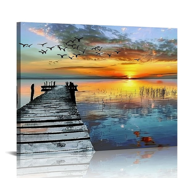 JRXY FC2275 Jetty In The Sunset Lake Wall Art Canvas Prints Painting Nature Pictures Framed Landscape Paintings Canvas Wall Art for Living Room Bedroom Kitchen Home and Office Wall Decor 20x16in