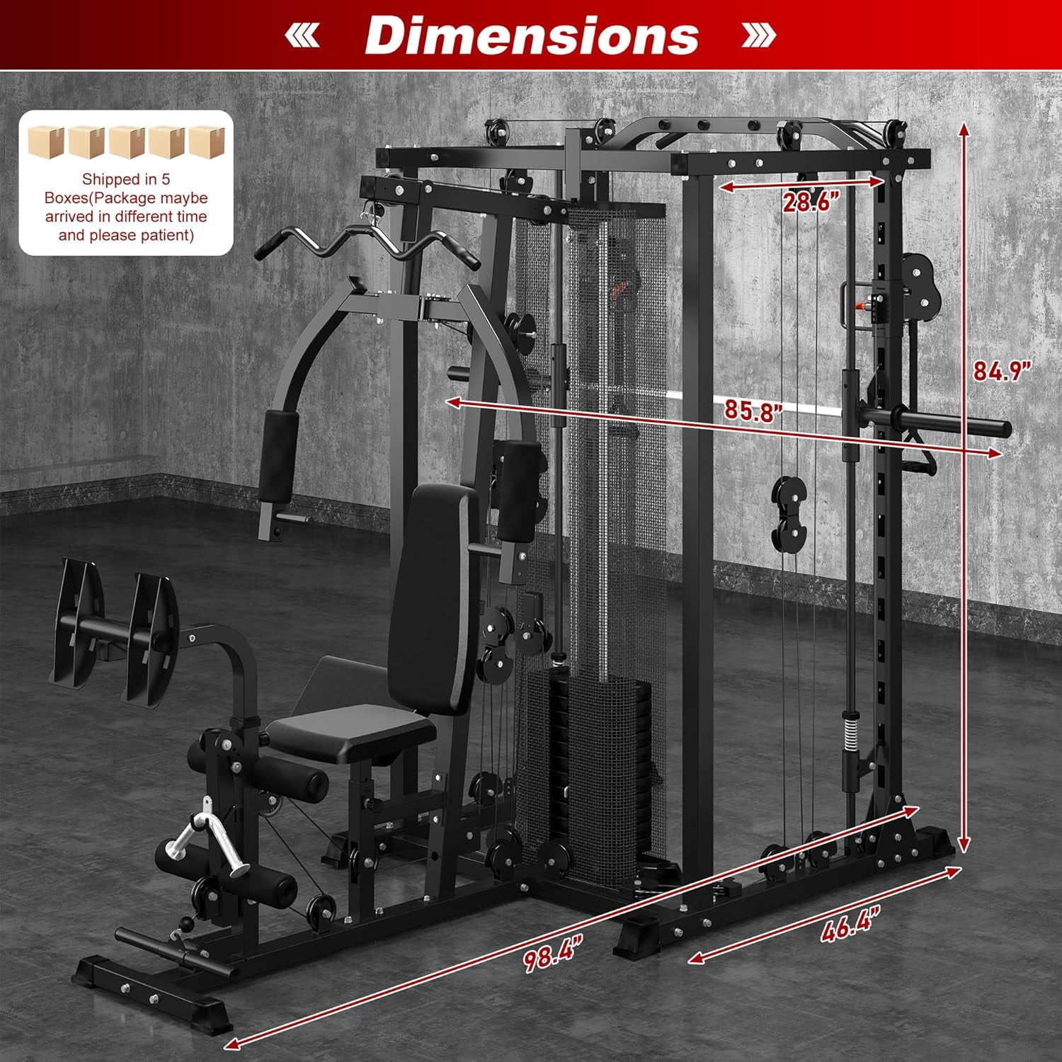 gymusclo Multifunction Home Gym Equipment Workout Station, Smith Machine with 150LBS Weight Stack, Cable Crossover, Leg Press, LAT Station, Heavy Duty Functional Trainer for Full Body Training