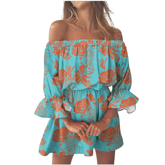 Edvintorg Womens Off Shoulder Casual Dresses Summer Loose High Waist Ruffle Pleated Cute Mini Short Dress Vacation Beach Dress for Women