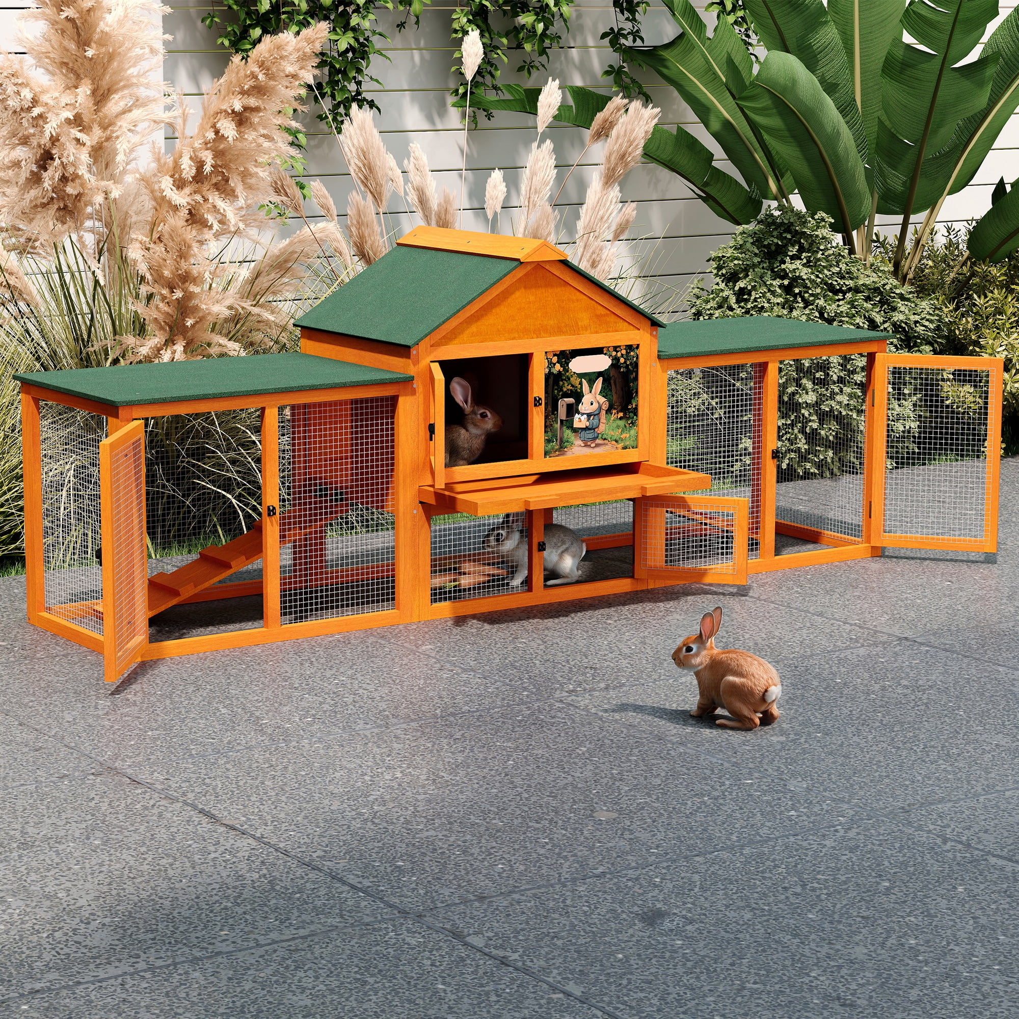 83”Large Wooden Rabbit Hutch Outdoor Easy to Assemble，Rabbit Cage Bunny Hutch Indoor with Cleaning Tray & Waterproof Roof for Small&Medium Bunny Rabbit，Orange
