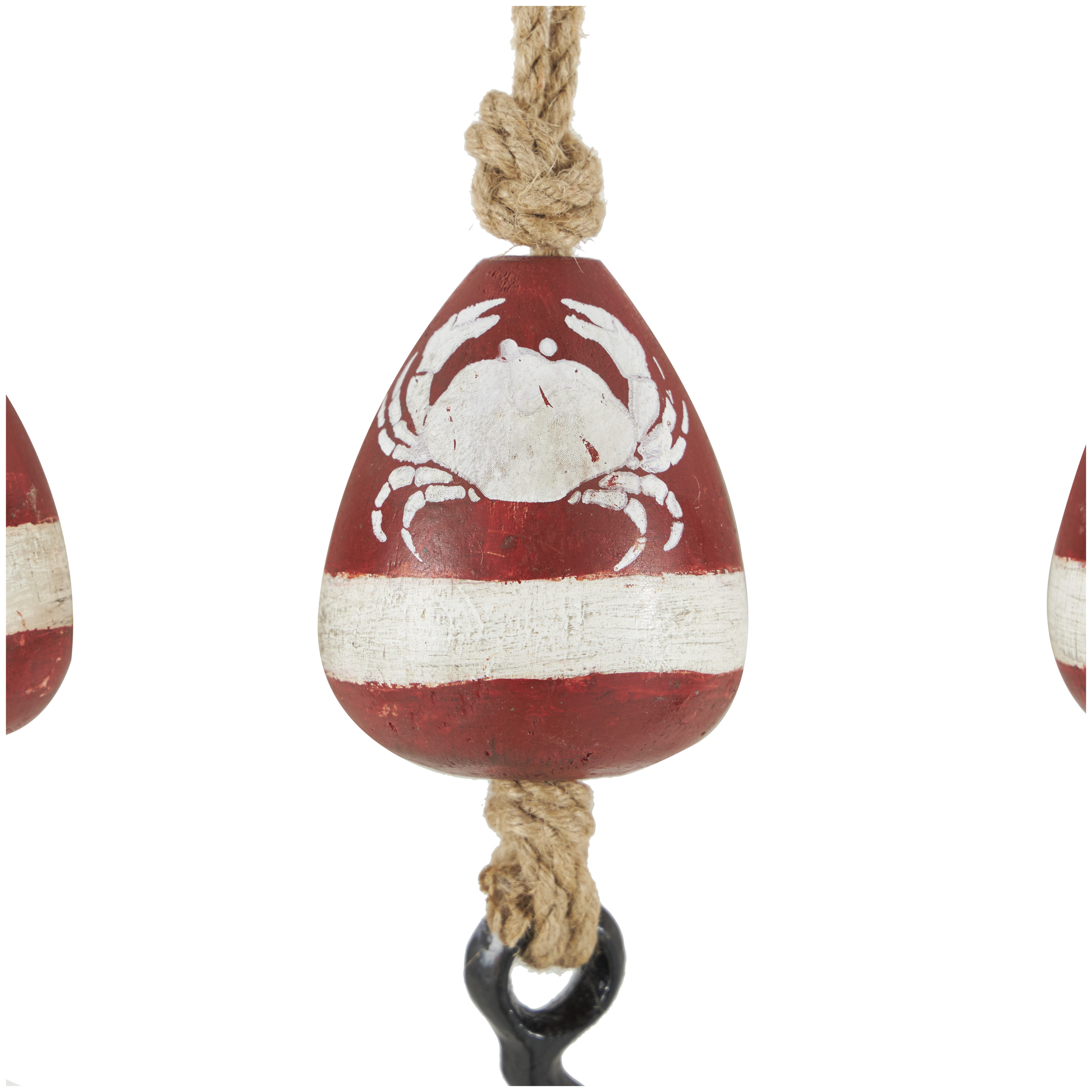 DecMode 3"W, 14"H Red Wood Buoy Wall Hook with Jute Rope and Metal Hook, 3-Pieces