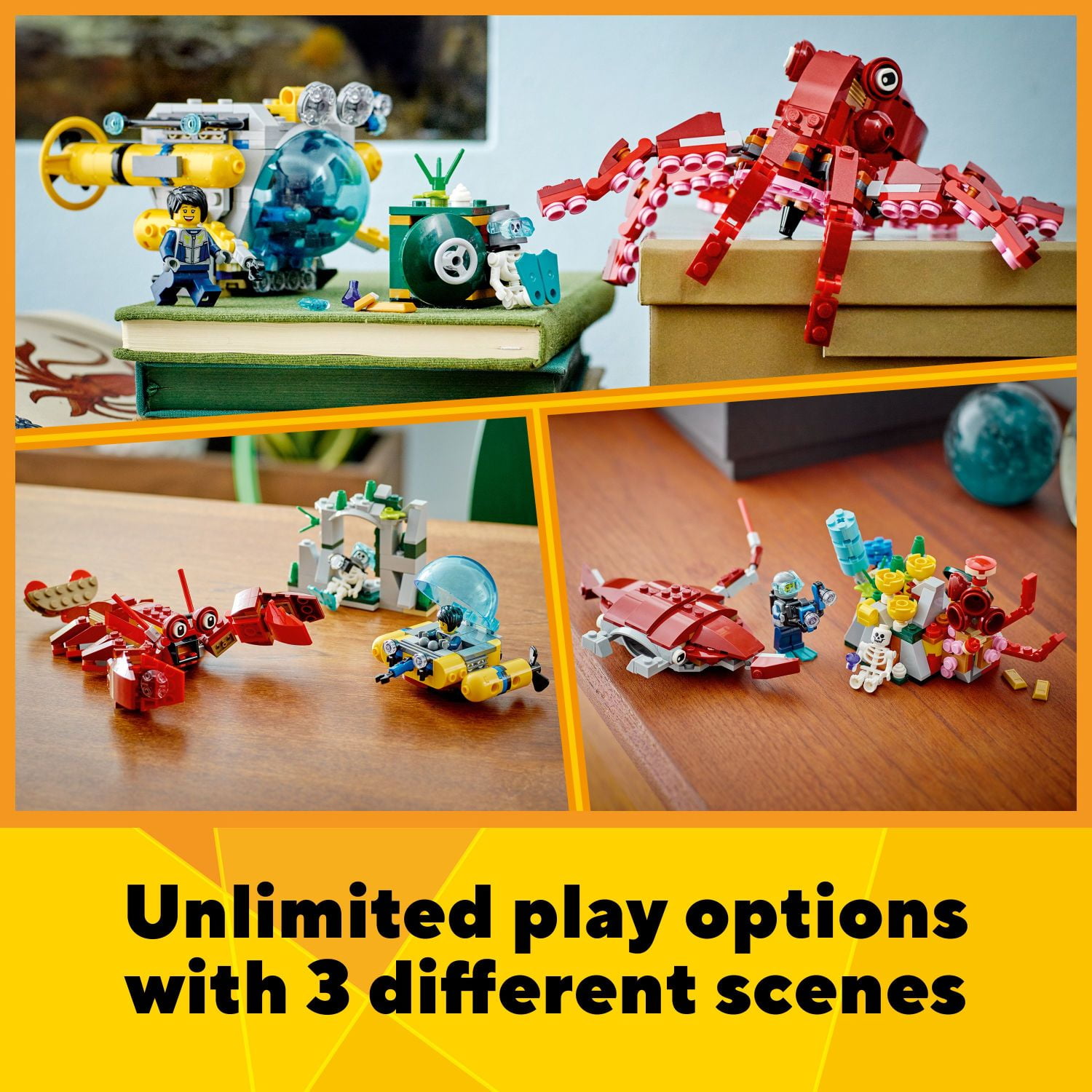 LEGO Creator 3 in 1 Sunken Treasure Mission Submarine Toy, Underwater Creatures Transform from Octopus TP Lobster to Manta Ray, Fun Sea Animal Figures, 31130 Plastic