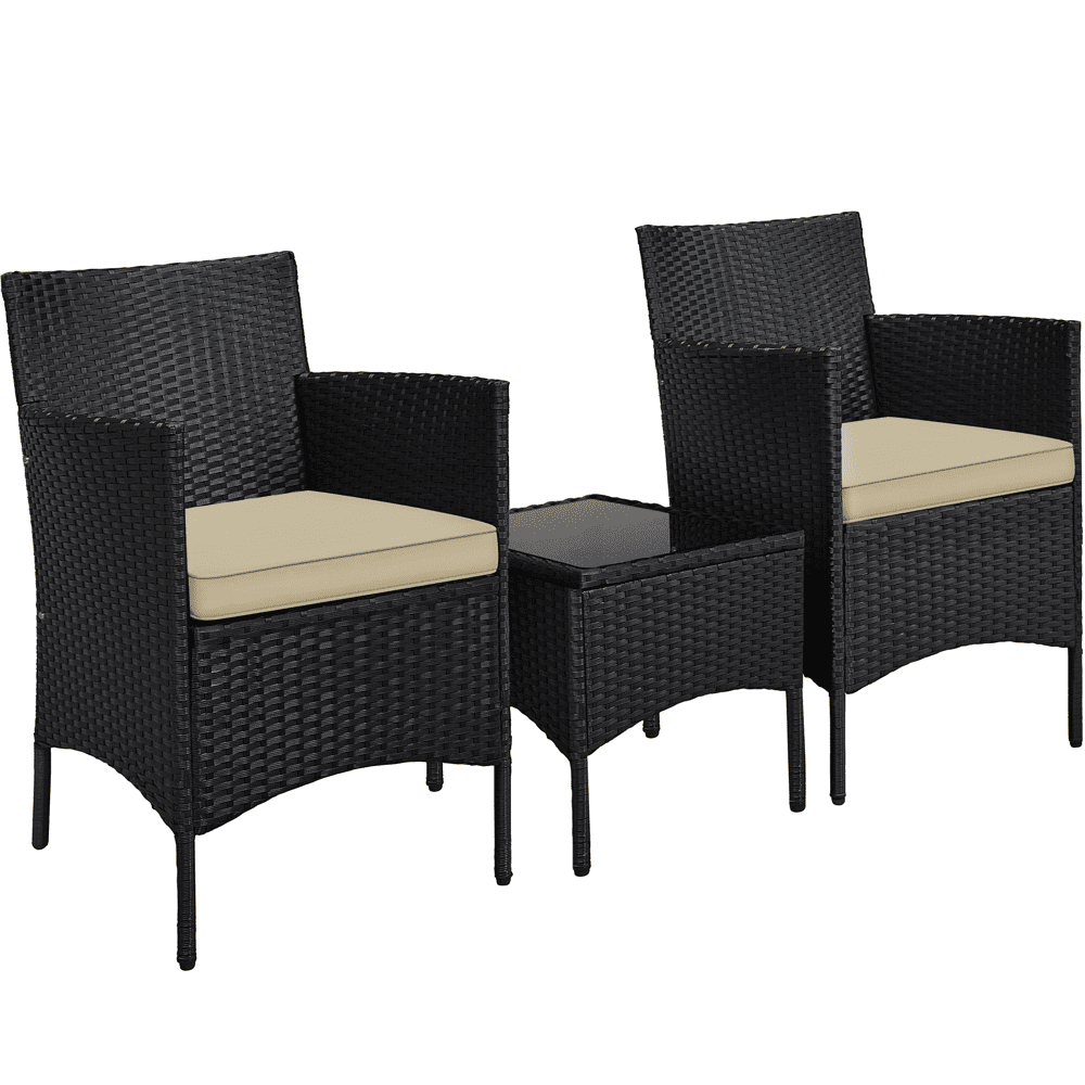 Yaheetech Outdoor 3-Piece Patio Rattan Chairs with Cushions and Side Table, Black/Khaki