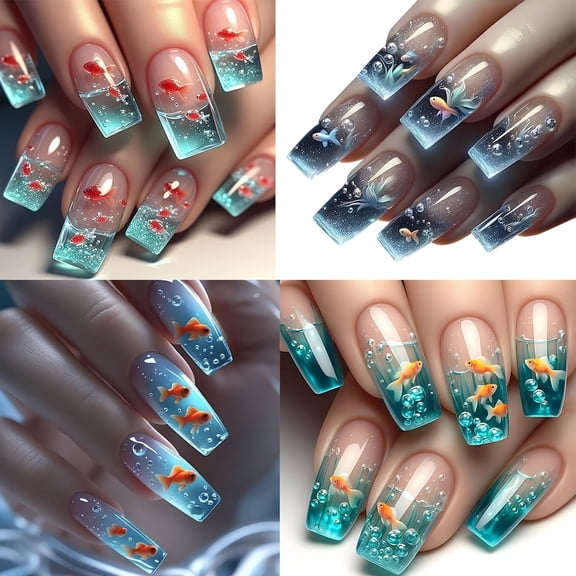 96 pcs 3D Goldfish Water French Fake Nails Press on Nails, Square Flowy Glitter Fish Design Full Cover False Nails Glue on Nails