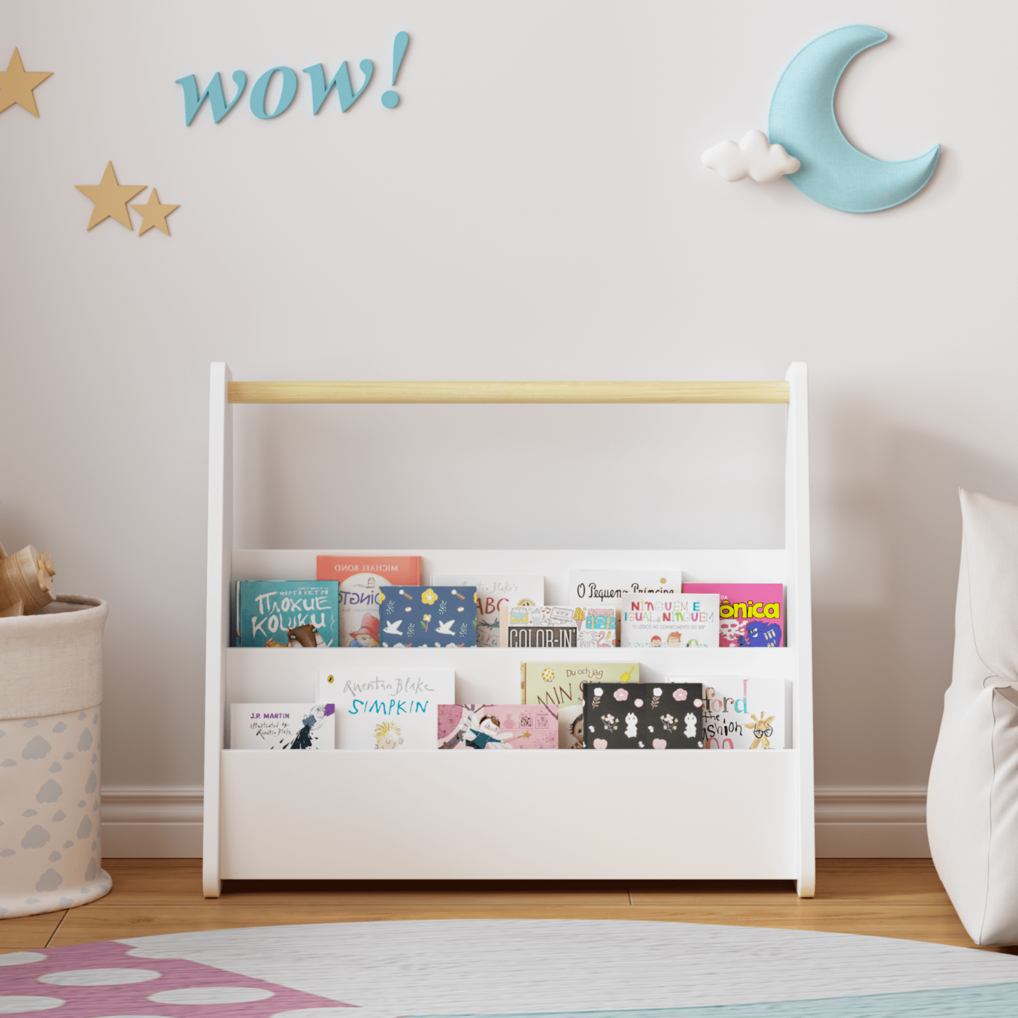 Kids Bookshelf with Wooden Handle, 2-Tier Front-Facing Toddler Bookcase, Portable Children's Book Storage Organizer for Bedroom, Playroom, Nursery, or Classroom, White