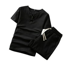 Dagegui Mens Cotton 2 Piece Sets Big and Tall V Neck T-Shirts and Short Pants Set Solid Casual Outfits Comfy Daily Clothes Black M