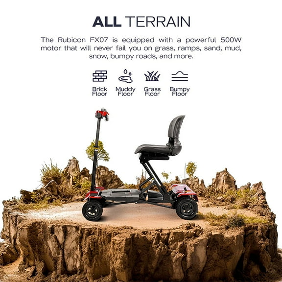 Rubicon FX7 Automatic Foldable Mobility Scooter for Adults, One Click Fold and Unfold, with Longest Range, Heavy-Duty, 4 Wheel Scooter with Lithium Battery_Red