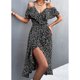 thumbnail image 3 of Vestido estampado Cuello en V Mangas con volantes florales elegantes Vestido largo irregular con cinturón Negro M, 3 of 6