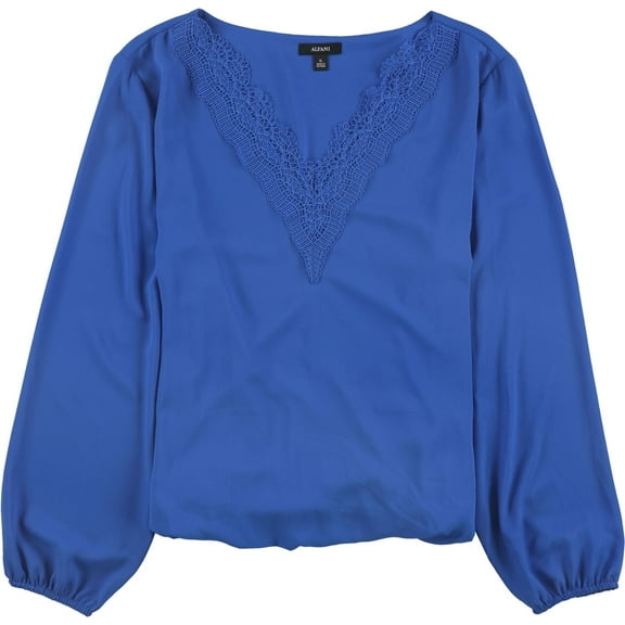 Alfani Womens Lace-Trim Pullover Blouse, Blue, Large