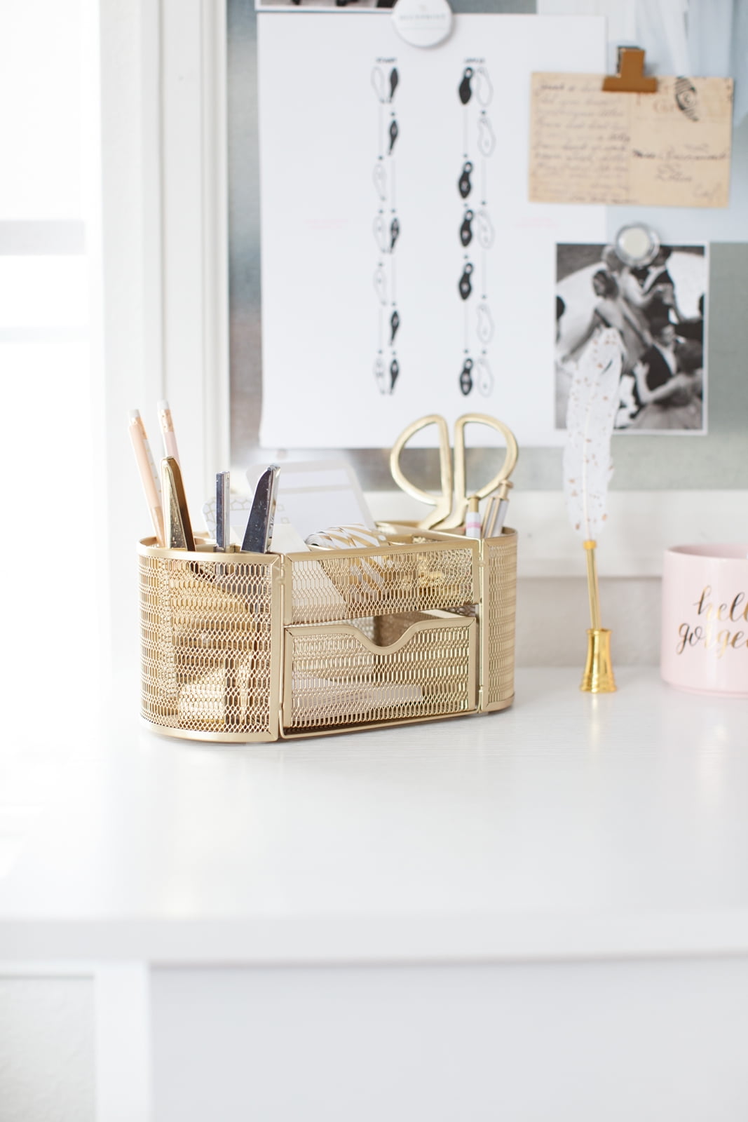 Blu Monaco Gold Desk Organizer with Drawer - for Home or Office