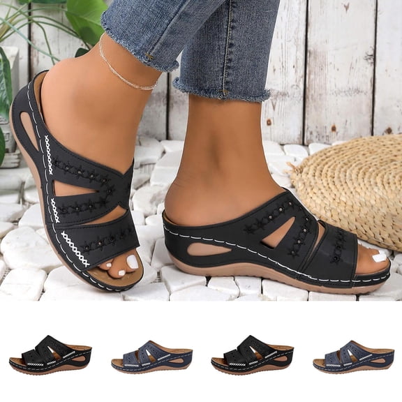 Miluxas Wedge Sandals for Women Dressy: Summer Slip On Womens - Slide Comfortable Walking Platform Sandals Navy 9.5(43)