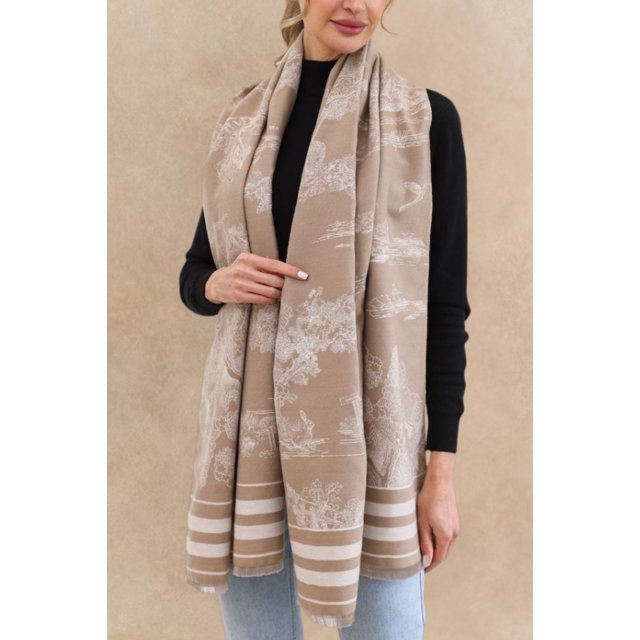 Scenic Print Scarf with Striped Border