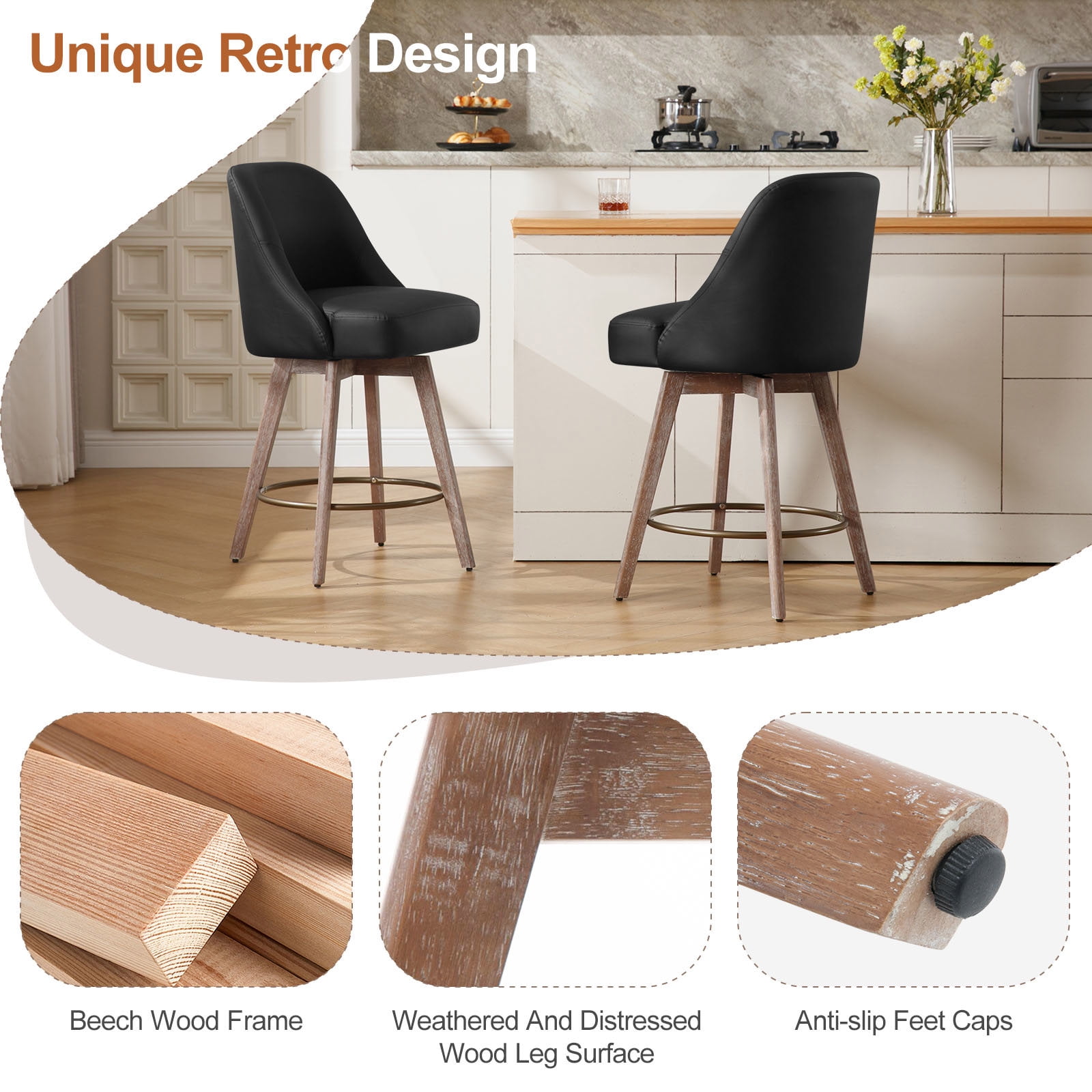 Foreate Swivel PU Bar Stools Set of 1, 26" Counter Height, Uholstered Leather with Mid-Back & Wood Legs, Modern Chair Island Stool for Kitchen Pub, Black