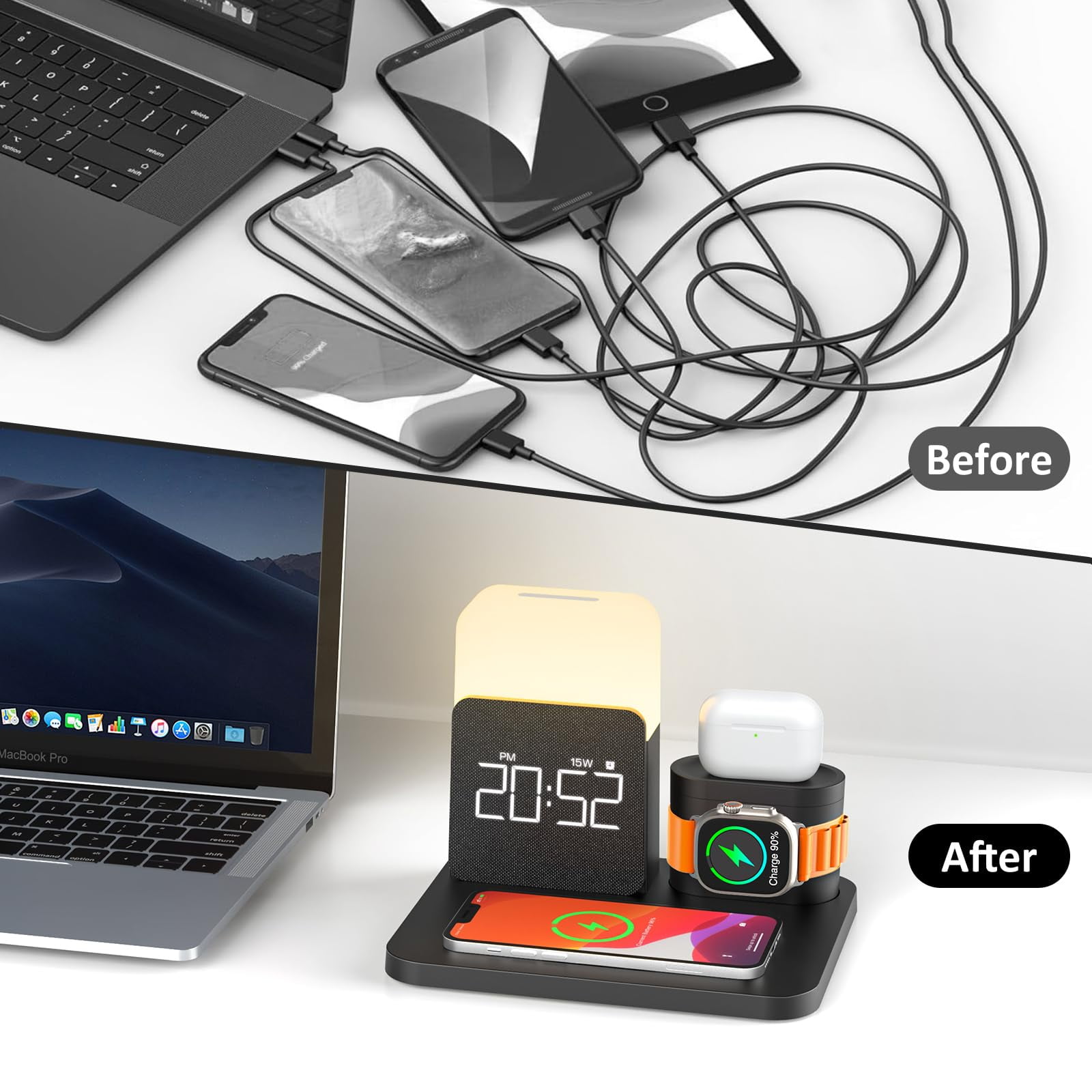 Wireless Charging Station 7 in 1 Compatible for iPhone 17/16/15/14/13/12 Pro Max, Apple Watch & AirPods with Alarm Clock, Night Light Black