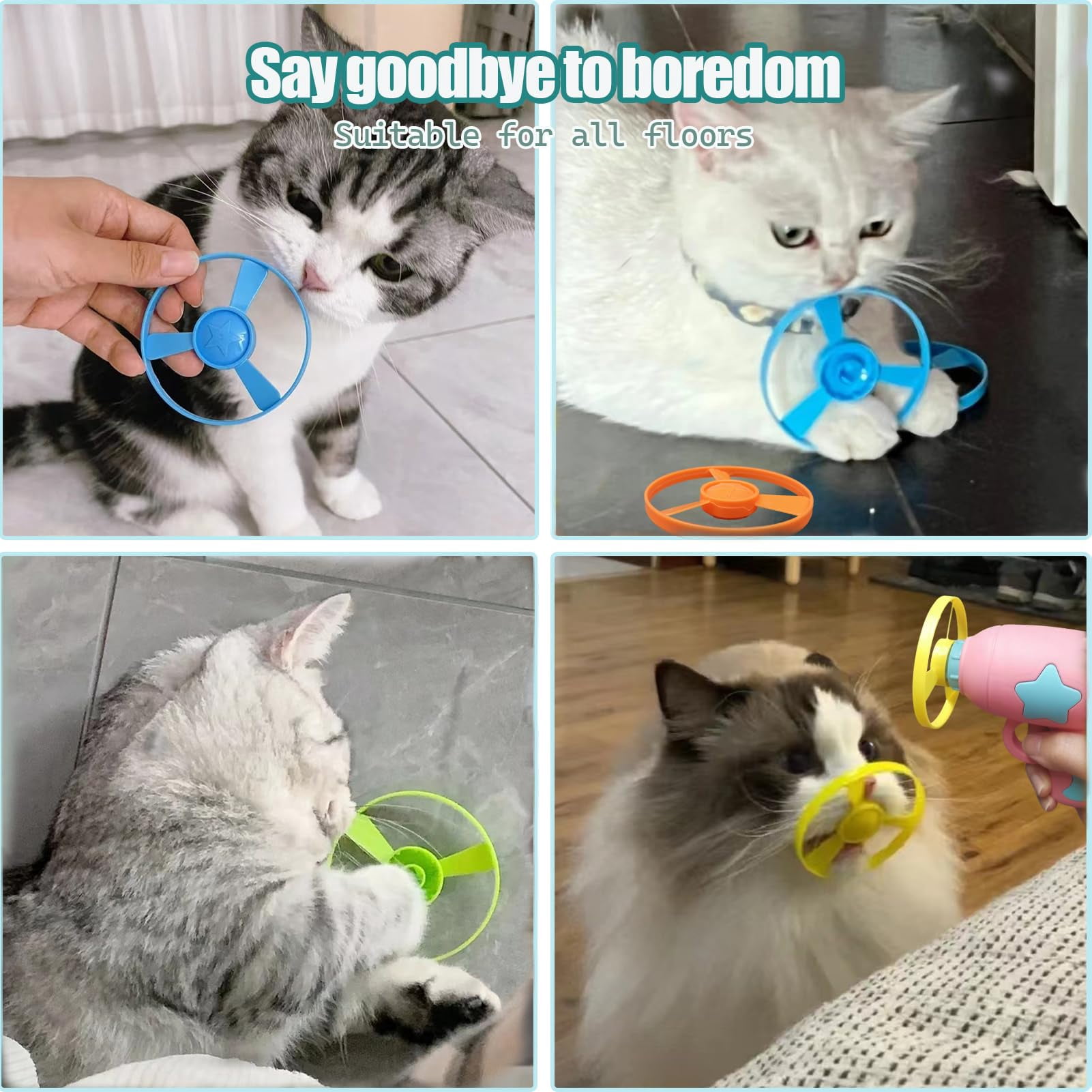 Cat Fetch Toy with Colorful Flying Propellers - Interactive Kitten Chasing Training Toy, Flying Disc Launcher Set for Indoor Outdoor Hunting Play, Pet Enrichment Activity