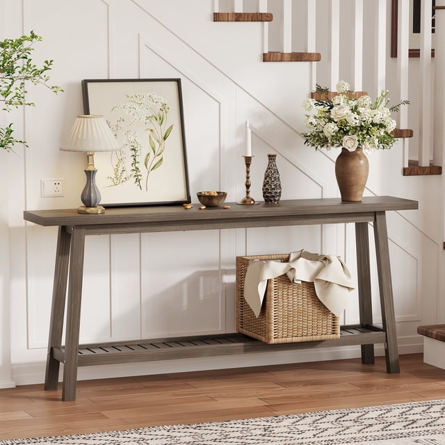 Kojooin 71 Inch Wood Entryway Table with Storage, Farmhouse 2-Tier Narrow Console Table for Hallway
