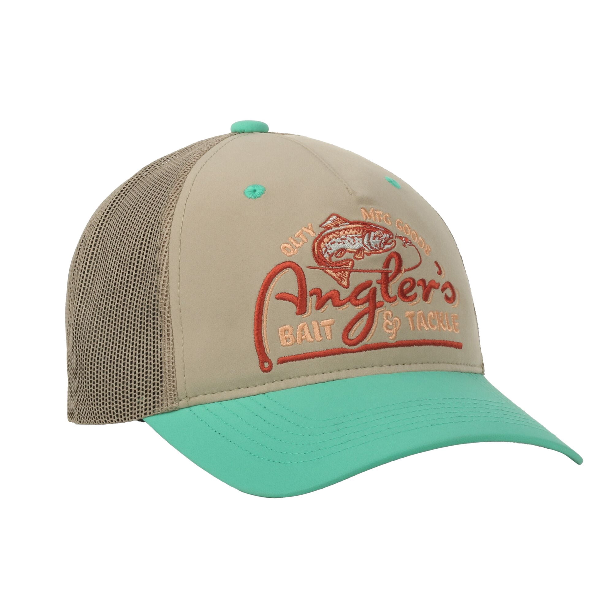 Beige/Green 5-Panel Fishing Cap – Structured Mid Profile, Embroidered, Snapback, One Size