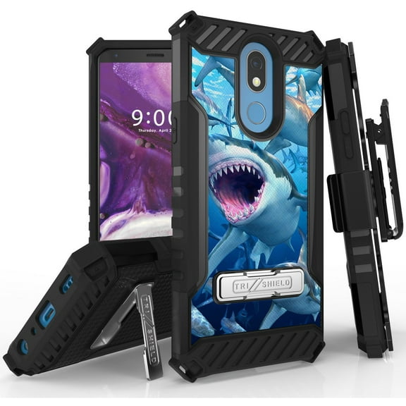Tri-Shield [FIERCE CREATURE SERIES] Rugged Case Metal Kickstand Cover   Belt Clip Holster [SHARK DESIGN] for LG Harmony 3 | LG K40 | LG Solo LTE (LMX420, L423DL, X420)