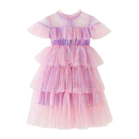 

Toddler Girls Fly Sleeve Star Moon Paillette Princess Dress Rainbow Tie Dye Dance Party Ruffles Dresses Clothes for 2-3 Years