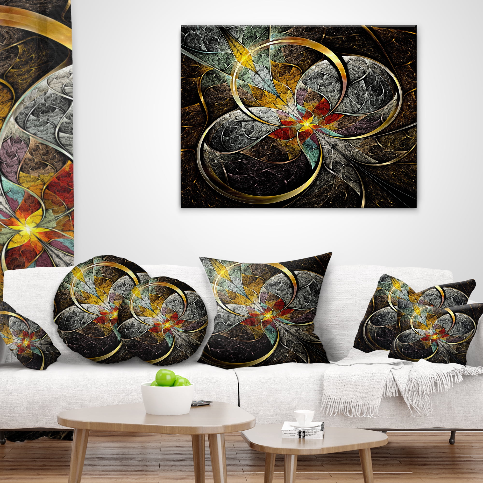Designart Symmetrical Brown Fractal Flowers - Abstract Throw Pillow - 16x16