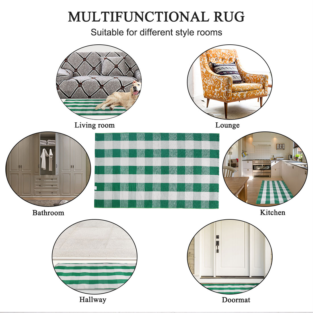 Unique Bargains Cotton Woven Checkered Area Floor Rug Carpet Mat Green & White 59"x35"