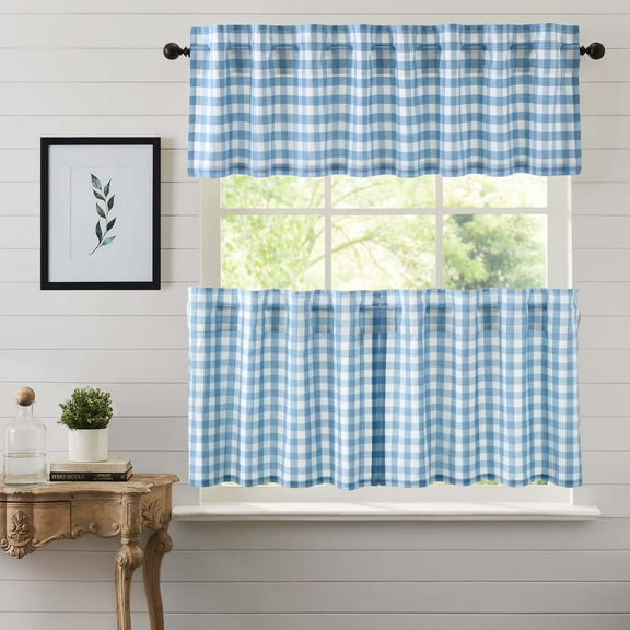 VHC Brands Annie Buffalo Check 3 PC Dusk Blue Curtain Set (1 Valance 16x72 and 2 Tier 24x36)