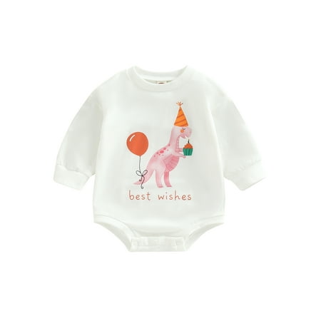 

Infant Baby Girls Boys Autumn Casual Romper White Long Sleeve O Neck Cake/Dinosaur/Lion Print Playsuit