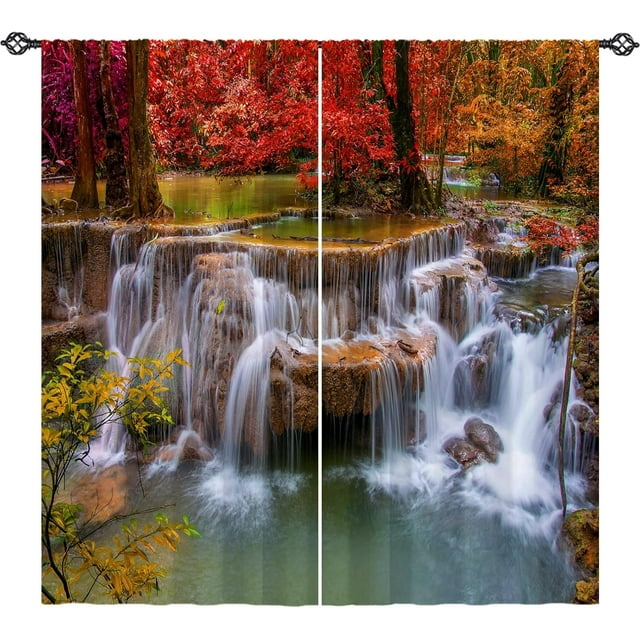 Waterfall Curtains - Spring Nature Theme Pink Red Floral Forest Landscape Scenery Print Pattern Waterproof Fabric Rod Pocket Window Drapes for Kitchen Bedroom Bath Window 2 Panels W27.5 x L39