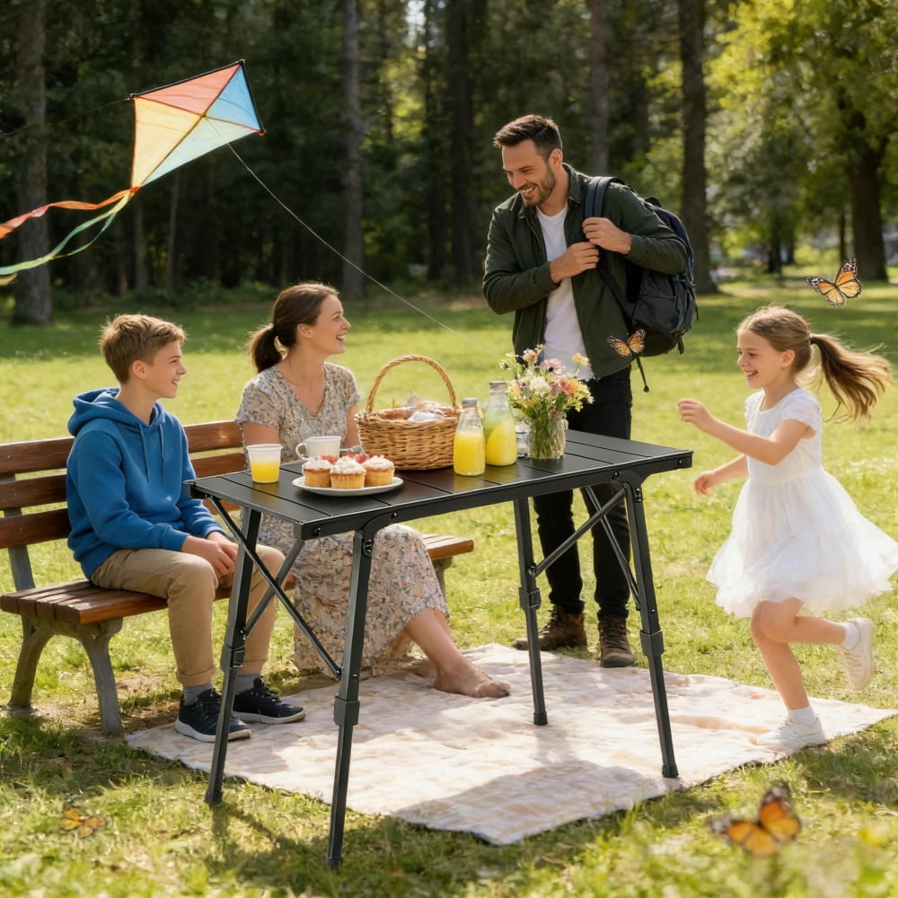 Folding Aluminum Camping Table 220 LBS Weight Capacity 2-Height Adjustable 16.5" to 25.2" Portable Outdoor Table with Removable Slats Anti-Slip Feet for Camping Picnic BBQ