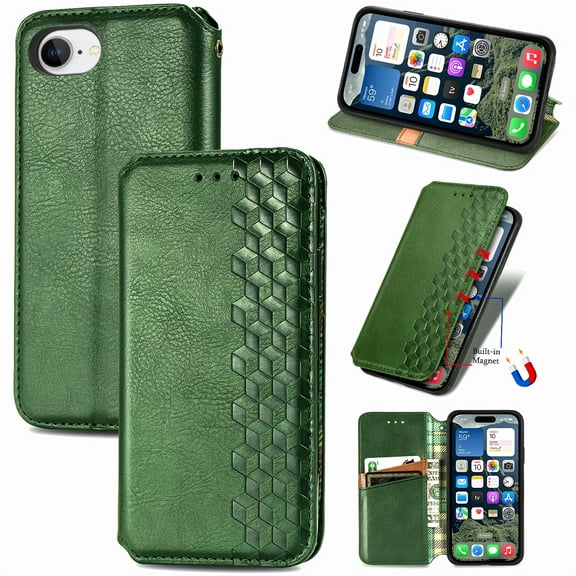 for iPhone 16e Wallet Case, Men's Retro Premium Business PU Leather Classic Magnetic Closure Flip Case with Card Holder [RFID Blocking] Folio Kickstand Shockproof Phone Cover,Green