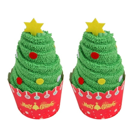 

2PCS Christmas Towels Creative Cotton Bath Towel Cake Modelling Hand Towel Washcloth Xmas Gift (Christmas Tree)
