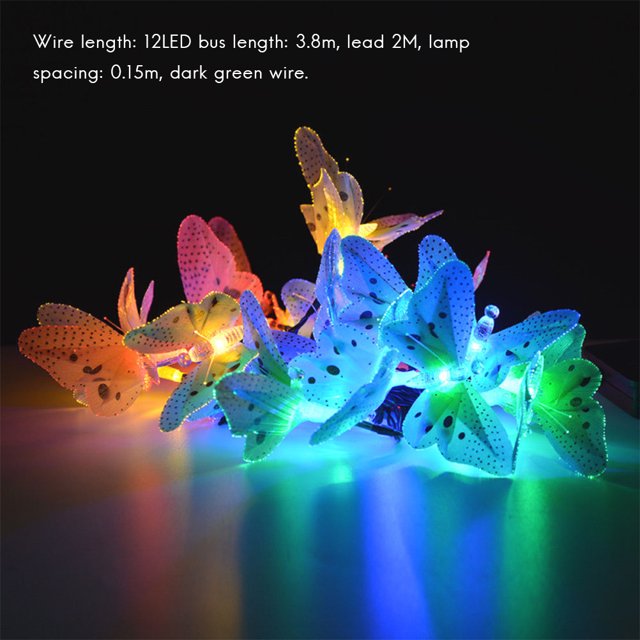 12 luces LED de energía solar en forma de mariposa multicolor, luces decorativas en cadena