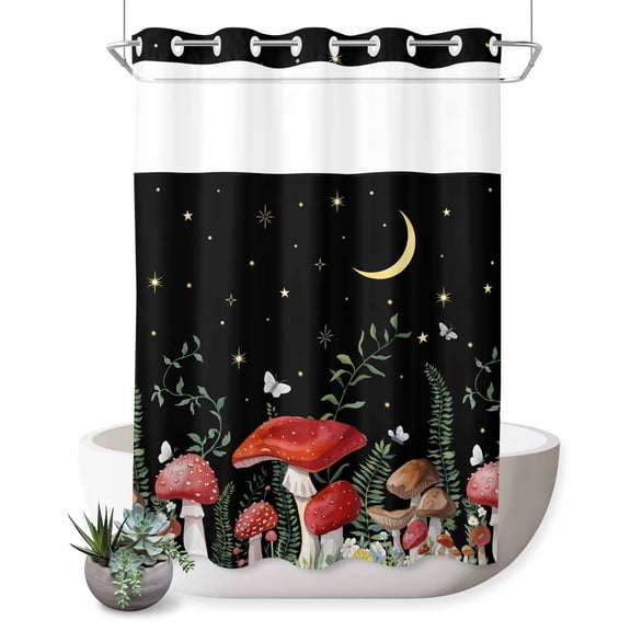 No Hook Shower Curtain with Built-in Rings - Rustic Mushrooms Washable Waterproof Fabric Bathroom Curtains for Hotel,Rentals, 60 X 72 Inch Long , Green Botanical Leaf Butterflies Black