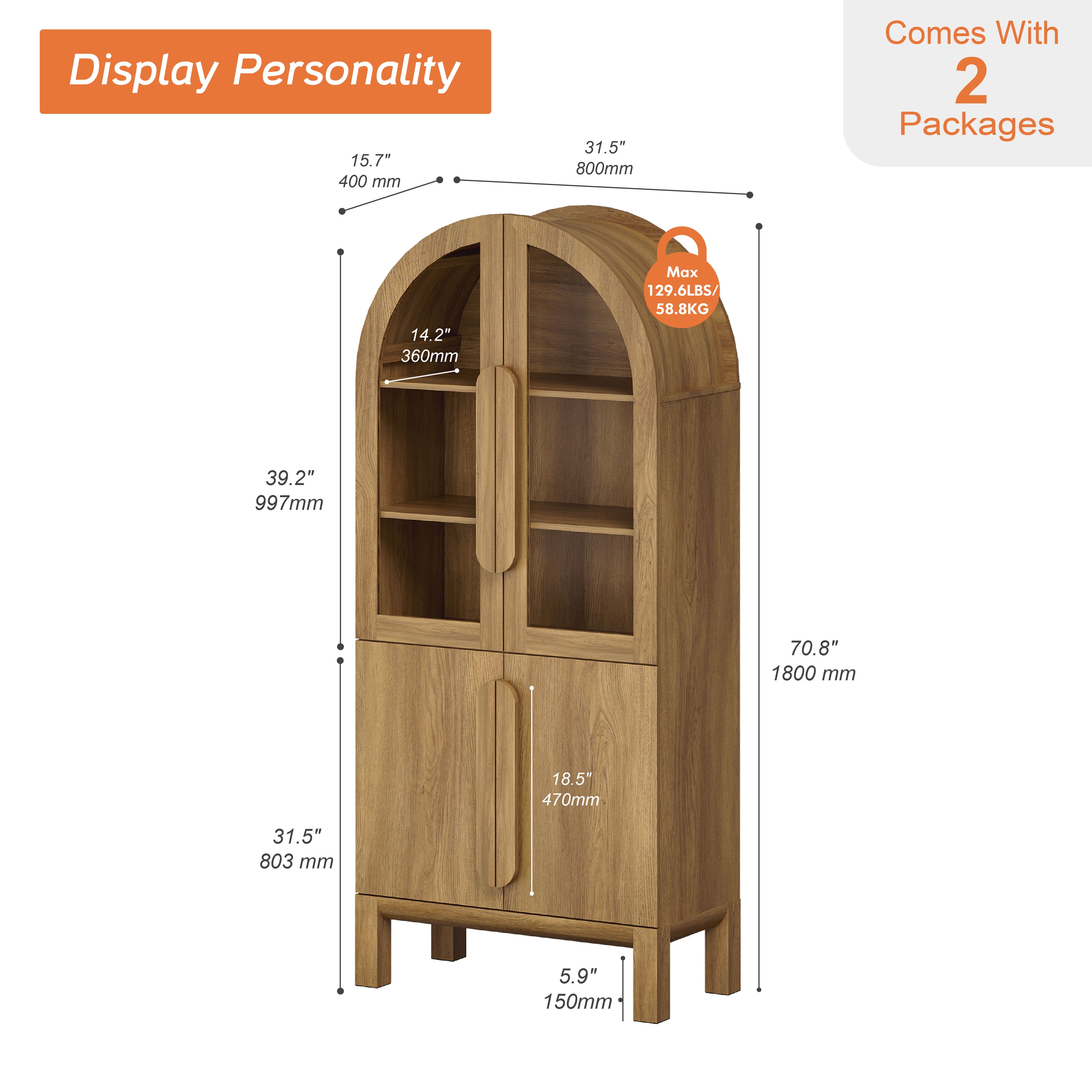 71" Tall Arched Kitchen Pantry Cabinet, Wood Bookcase Display Cabinet With Glass Doors And Adjustable Shelves, Mid-Century Modern Versatile Cupboard For Dining Room, Bedroom