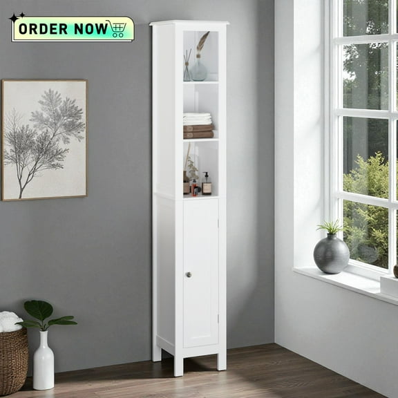 Tcbosik 66.9" Tall Bathroom Cabinet with Door, Slim Storage Cabinet with Adjustable Shelves for Living Room, Entryway, Kitchen, Easy Assembly, White
